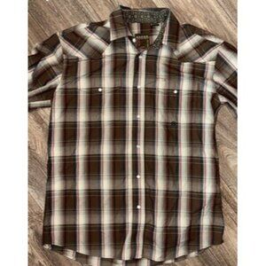 Roper Wear The West Pearl Snap Long Sleeve Plaid Shirt, Brown and Blue, Size M